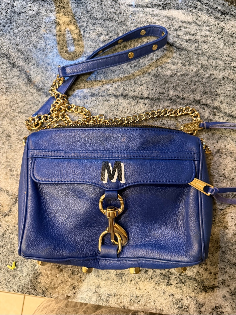 Rebecca Minkoff MAC blue Leather Gold Chain Mini Purse Initial M 9x6.5”